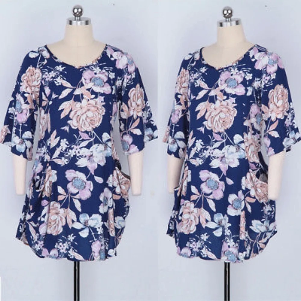 Blue Pastel Floral Dress With 3/4 Sleeves Pockets - Picture 4 of 7